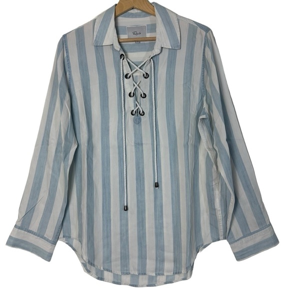Rails Blue White Block Stripe Relaxed Fit Lace-up Shirt - Picture 4 of 9
